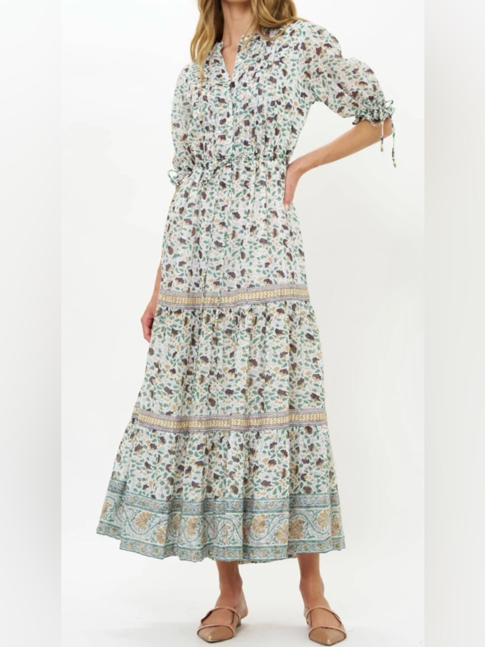 Oliphant Printed Maxi Dress in White, Green, Brown